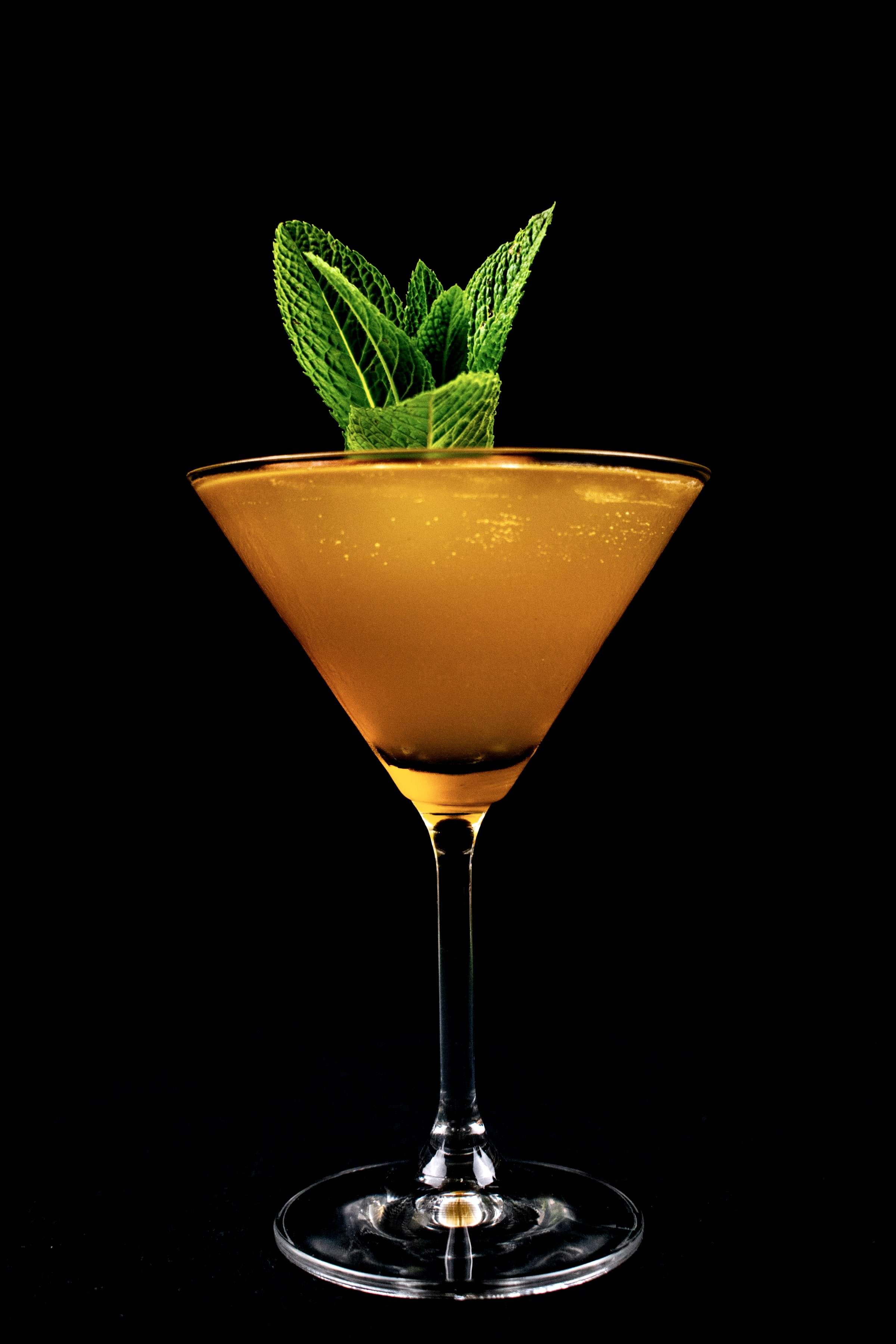 Oranger Cocktail im Glas vor schwarzem Hintergrund